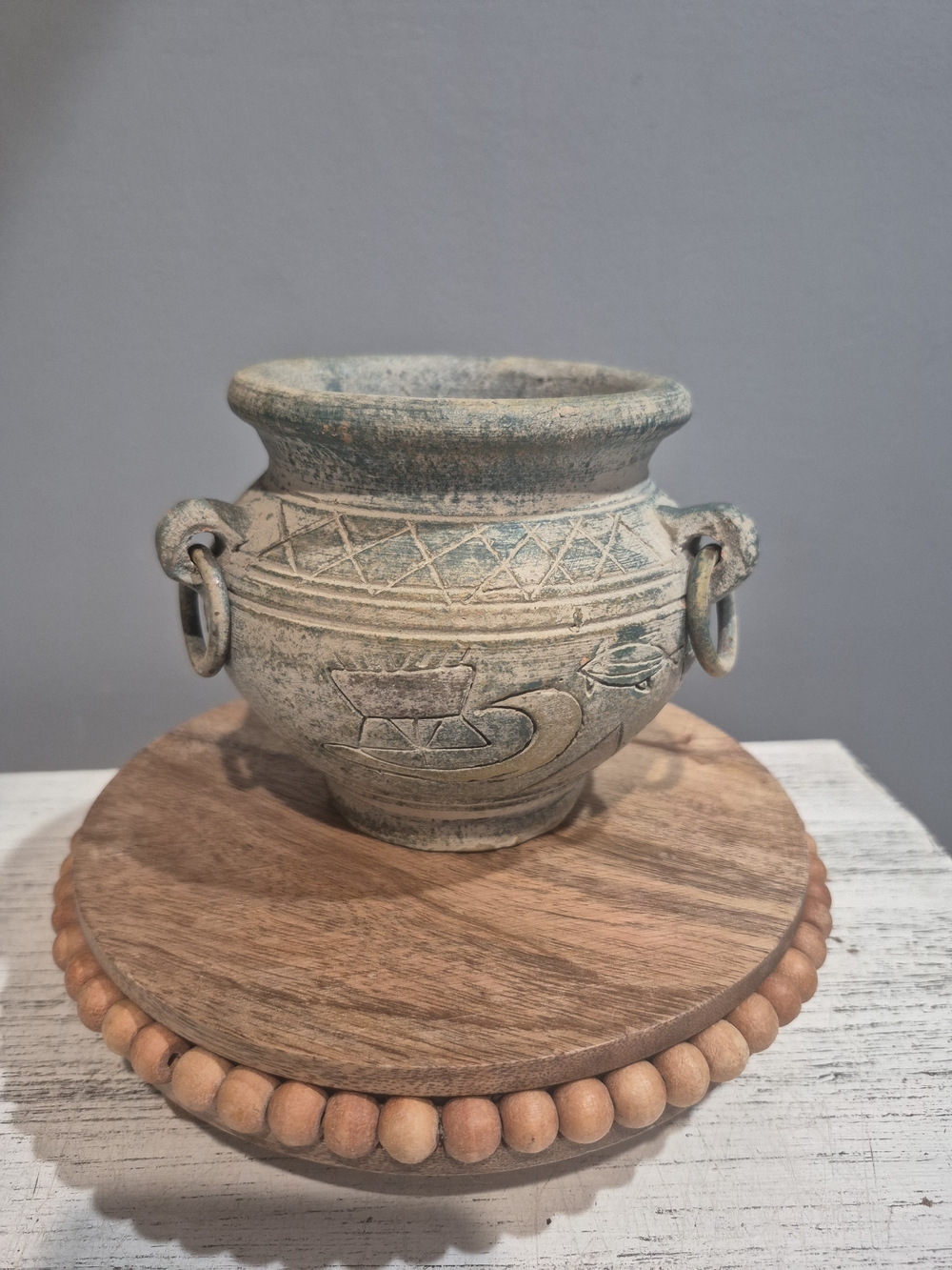 Decorative Pottery Vase Planter in Distressed Green-Beige Boho Style